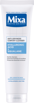 Mixa Anti-Dryness Comfort Cleanser z kwasem hialuronowym i skwalanem, biała tuba, widok z przodu.