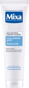 Mixa Anti-Dryness Comfort Cleanser z kwasem hialuronowym i skwalanem, biała tuba, widok z przodu.
