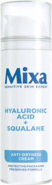 Mixa Anti-Dryness Cream z kwasem hialuronowym i skwalanem, biała butelka z pompką, widok z przodu.