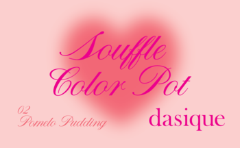 Promocyjna grafika Dasique Souffle Color Pot Pomelo Pudd; różowe tło z sercem, elegancki napis.