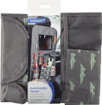 Szary organizer samochodowy na tył fotela z zielonymi krokodylami i wieloma kieszeniami, widok na opakowaniu.