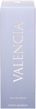 Lawendowe pudełko perfum Swiss Arabian Valencia, złoty pionowy napis VALENCIA, widok z przodu.