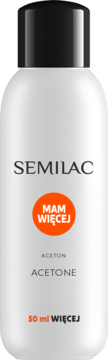 Biała butelka acetonu Semilac z czarną nakrętką i pomarańczowym napisem 'MAM WIĘCEJ', widok z przodu.