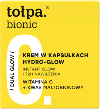 Krem w kapsułkach Tołpa bionic Hydro-Glow z witaminą C i kwasem maltobionowym, żółte opakowanie, przód.