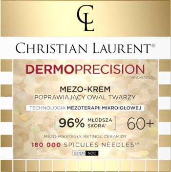 Krem Christian Laurent Dermoprecision 60+ poprawia owal twarzy, z 180 000 mikroigieł, złoto-biały widok.