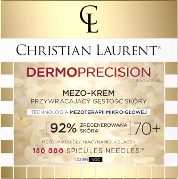 Christian Laurent DermoPrecision Mezo-Krem 70+ z mikroigłami na gęstość, regenerację skóry. Złote tło.