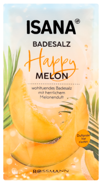 Isana Happy Melon Badesalz, biała saszetka z pomarańczowymi plastrami melona i zielonymi liśćmi, widok z przodu.
