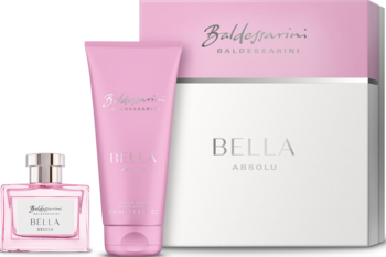 Różowy zestaw Baldessarini Bella Absolu dla kobiet: woda perfumowana, żel w tubie, pudełko, widok pod kątem.