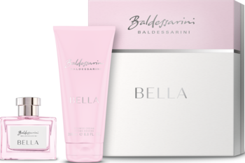 Zestaw Baldessarini Bella: różowa woda perfumowana i żel pod prysznic na tle biało-różowego pudełka.