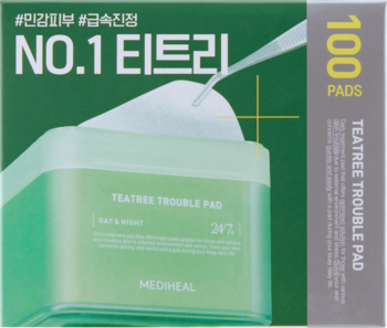 Zielony pojemnik Mediheal Teatree Trouble Pad z 100 płatkami i pęsetą, widok z góry na opakowanie.