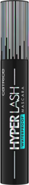 Tusz Catrice Hyper Lash Waterproof Mascara, czarna tubka z opalizującą nakrętką i napisem, widok z przodu.