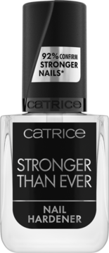 Catrice Stronger Than Ever Nail Hardener, przezroczysta butelka, czarna nakrętka z napisem 92% STRONGER NAILS, widok z przodu.