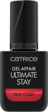 Catrice GEL AFFAIR Ultimate Stay Top Coat w czarnej butelce z czerwonym akcentem, widok z przodu. Błyszczące wykończenie.