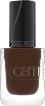 Ciemnobrązowy lakier Catrice Gel Affair Double Shot Diva w szklanej butelce z czarną nakrętką, widok z przodu.
