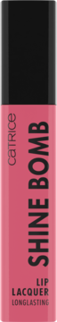 Catrice Shine Bomb Lip Lacquer, koralowo-różowy, długotrwały błyszczyk w tubce z czarną nakrętką, widok z przodu.