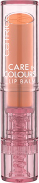 Catrice Care In Colours Lip Balm 080 Happy Hour, ciepły nude, w transparentnej różowej tubce, widok z przodu.