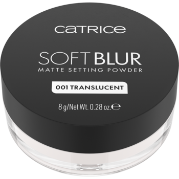 Okrągłe, czarne opakowanie pudru sypkiego Catrice Soft Blur Matte Setting Powder 001 Translucent, widok z góry.
