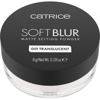 Okrągłe, czarne opakowanie pudru sypkiego Catrice Soft Blur Matte Setting Powder 001 Translucent, widok z góry.