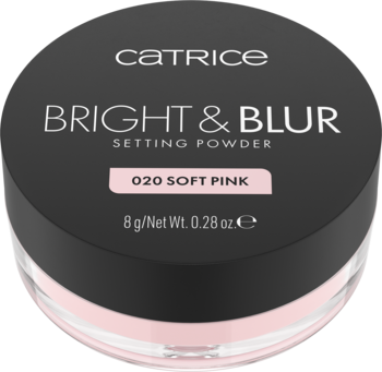 Catrice Bright & Blur Setting Powder 020 Soft Pink w transparentnej okrągłej puszce z czarną pokrywką, widok z przodu.