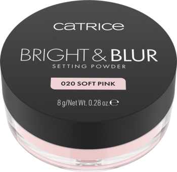 Catrice Bright & Blur Setting Powder 020 Soft Pink w transparentnej okrągłej puszce z czarną pokrywką, widok z przodu.