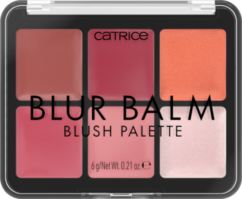 Paleta Catrice Blur Balm Blush Palette 010 z sześcioma kremowymi różami i rozświetlaczami, zbliżenie.