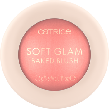 Róż do policzków Catrice Soft Glam Baked Blush w okrągłym, beżowym opakowaniu, z widocznym brzoskwiniowym odcieniem.