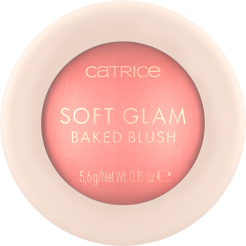 Róż do policzków Catrice Soft Glam Baked Blush w okrągłym, beżowym opakowaniu, z widocznym brzoskwiniowym odcieniem.