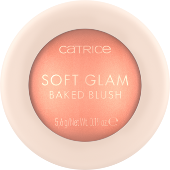 Catrice Soft Glam Baked Blush, brzoskwiniowy róż w kremowej, okrągłej puderniczce, z satynowym wykończeniem, widok z góry.