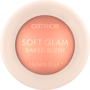 Catrice Soft Glam Baked Blush, brzoskwiniowy róż w kremowej, okrągłej puderniczce, z satynowym wykończeniem, widok z góry.