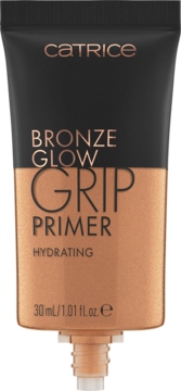 Catrice Bronze Glow Grip Primer, tubka 30ml, widok z przodu, brązowo-czarne opakowanie z złotymi napisami.