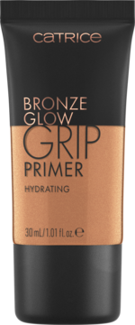 Catrice Bronze Glow Grip Primer Hydrating w czarnej tubce z brązowym wykończeniem, 30 ml, widok z przodu.