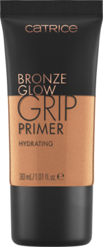 Catrice Bronze Glow Grip Primer Hydrating w czarnej tubce z brązowym wykończeniem, 30 ml, widok z przodu.