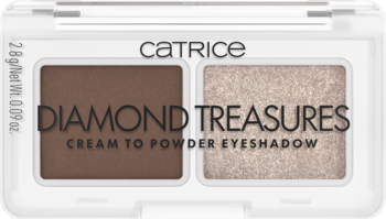 Catrice Diamond Treasures Hazel Spark, kremowo-pudrowy cień duo: matowy brąz i błyszczące złoto, widok z góry.