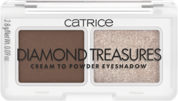 Catrice Diamond Treasures Hazel Spark, kremowo-pudrowy cień duo: matowy brąz i błyszczące złoto, widok z góry.