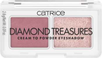 Catrice Diamond Treasures Cream to Powder Eyeshadow Fairy Dust. Duo: matowy róż i połyskujący jasny róż, widok z góry.