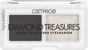 Catrice Diamond Treasures, kremowo-pudrowa paleta cieni, ciemnoszary mat i jasny połysk, widok z góry.