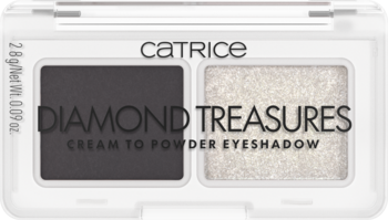 Catrice Diamond Treasures, kremowo-pudrowa paleta cieni, ciemnoszary mat i jasny połysk, widok z góry.