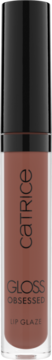 Catrice Gloss Obsessed Lip Glaze w odcieniu nude-brąz, w transparentnej butelce z czarną nakrętką, widok z przodu.