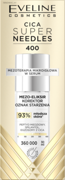 Eveline CICA Super Needles 400 mezo-eliksir w beżowym pudełku, korektor oznak starzenia, widok frontalny.