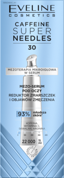 Eveline Caffeine Super Needles Mezo-serum pod oczy, reduktor zmarszczek, w niebiesko-białym opakowaniu, widok z przodu.
