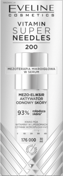 Srebrna butelka Eveline Vitamin Super Needles 200, mezo-eliksir serum do twarzy z mikroigłami, widok z przodu.
