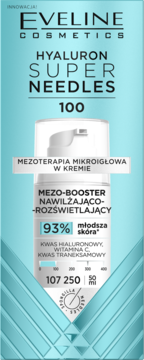 Niebieskie opakowanie Eveline Hyaluron Super Needles 100, mezo-booster z kwasem hialuronowym, widok z przodu.