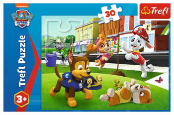 Trefl Puzzle Psi Patrol 30 elementów, dla dzieci 3+. Widok pudełka z grafiką Chase, Marshall i Skye.