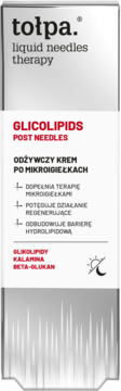 Tołpa Liquid Needles Therapy Glicolipids, odżywczy krem po mikroigiełkach, srebrno-białe pudełko, przód.