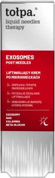 Tołpa liquid needles therapy Exosomes, krem liftingujący po mikroigiełkach, czerwono-srebrne pudełko, widok z przodu.