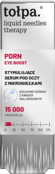 Srebrne opakowanie Tołpa PDRN Eye Boost, stymulujące serum pod oczy z 15 000 mikroigiełek, widok z przodu.