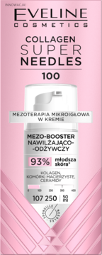 Eveline Collagen Super Needles 100, mikroigłowy mezo-booster nawilżający, różowe pudełko z butelką, front.