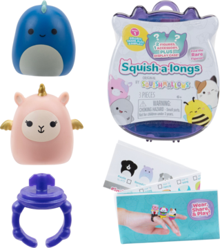 Zestaw Squish a longs: niebieski dinozaur, różowa lama z rogami, fioletowy pierścień oraz opakowanie Squishmallows.