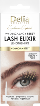Delia Cosmetics Lash Elixir serum wydłużające rzęsy, biało-złote pudełko z grafiką oka i aplikatora, przód.