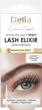 Delia Cosmetics Lash Elixir serum wydłużające rzęsy, biało-złote pudełko z grafiką oka i aplikatora, przód.